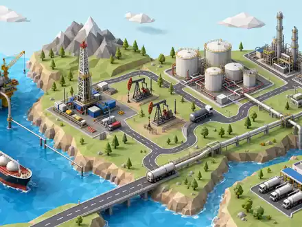Marathon Oil (US5658491064): isometrische 3D-Illustration zeigt die Wertschöpfungskette von Bohrung, Förderung, Lagerung bis Pipeline-Transport - Foto: THN