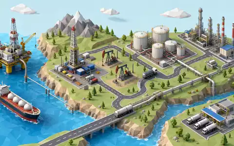 Marathon Oil (US5658491064): isometrische 3D-Illustration zeigt die Wertschöpfungskette von Bohrung, Förderung, Lagerung bis Pipeline-Transport - Foto: THN