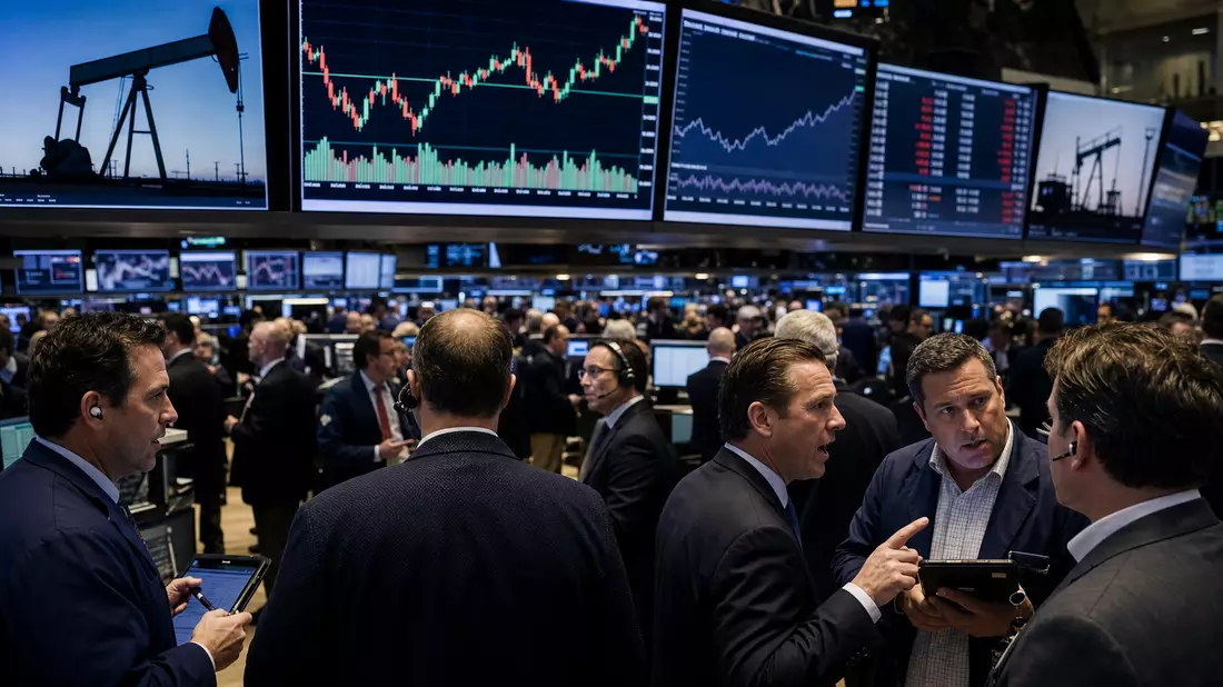 NYSE-Trading-Floor mit Energiesektor-Charts, Börsenmotiv passend zu Marathon Oil