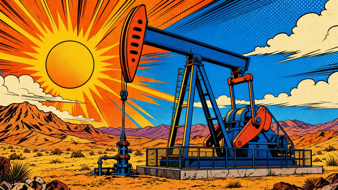 Pop-Art-Comic mit Pumpjack in Wüstenszene, farbenfroh gestaltet für Marathon Oil