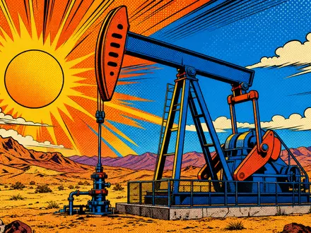 Marathon Oil (US5658491064): farbenfrohe Pop-Art-Comic-Szene zeigt stilisierten Pumpjack in Wüstenlandschaft mit strahlender Comic-Sonne - Foto: THN