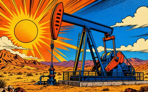 Marathon Oil (US5658491064): farbenfrohe Pop-Art-Comic-Szene zeigt stilisierten Pumpjack in Wüstenlandschaft mit strahlender Comic-Sonne - Foto: THN