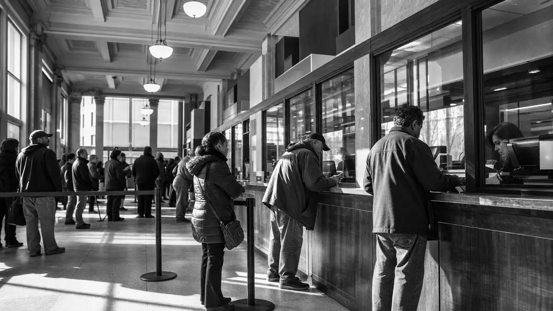 Schwarz-weiße Reportagefotografie eines belebten Bankschalterraums mit Kunden