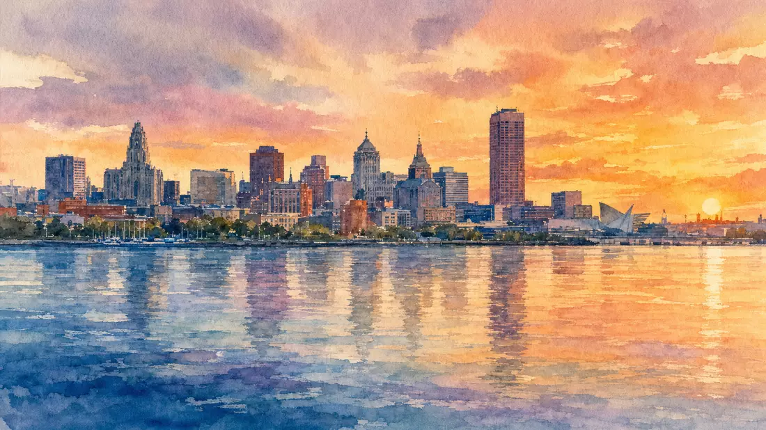 Aquarellgemälde der Buffalo-Skyline am Ufer des Lake Erie bei Sonnenuntergang