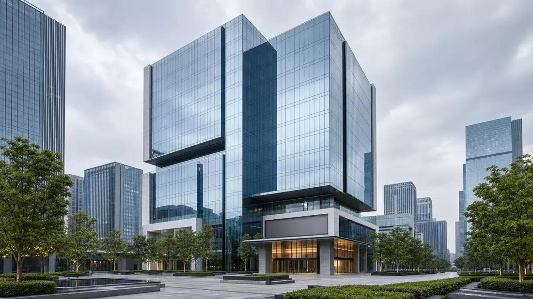 Architekturvisualisierung eines modernen gläsernen Bank-Hochhauses in der Innenstadt