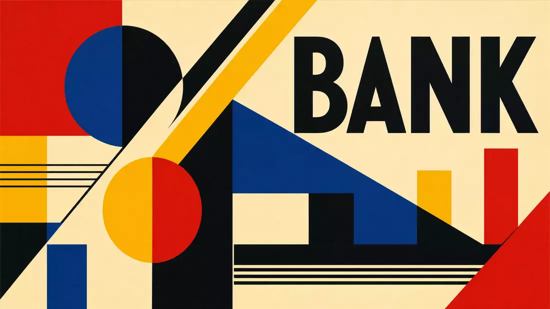 Bauhaus-Grafikposter mit dem Wort BANK und geometrischen Formen in Primärfarben