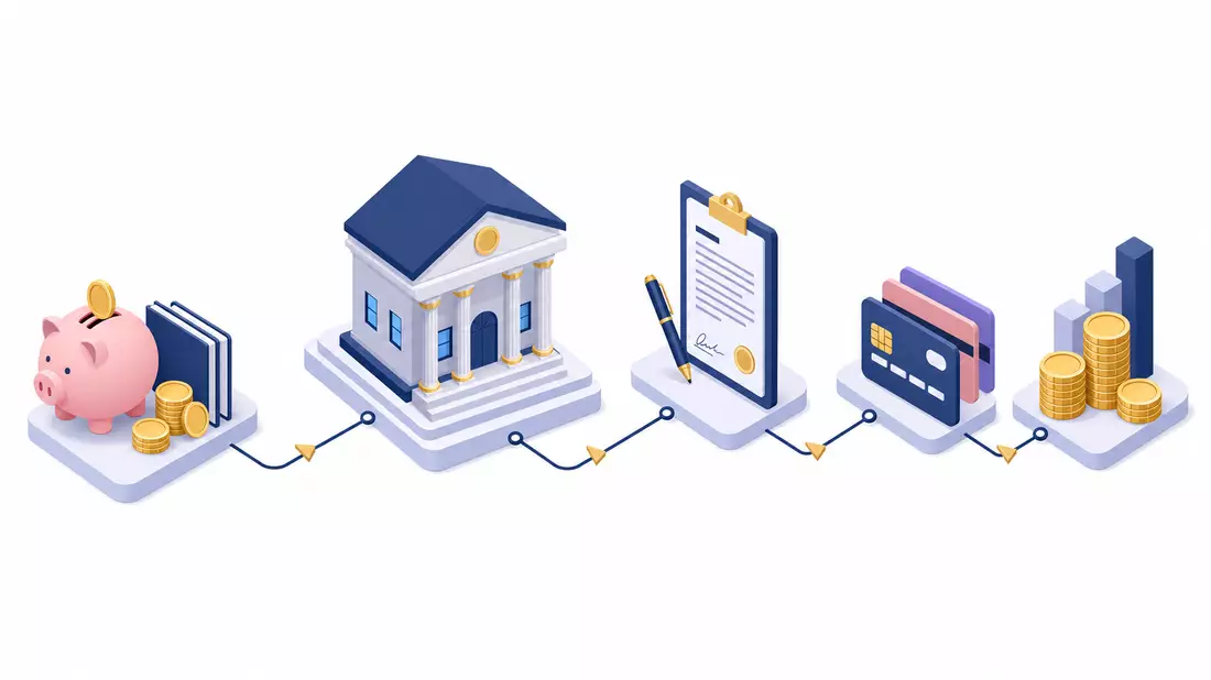 Isometrische 3D-Illustration des Geldkreislaufs zwischen Einlagen, Krediten und Bankgebäude