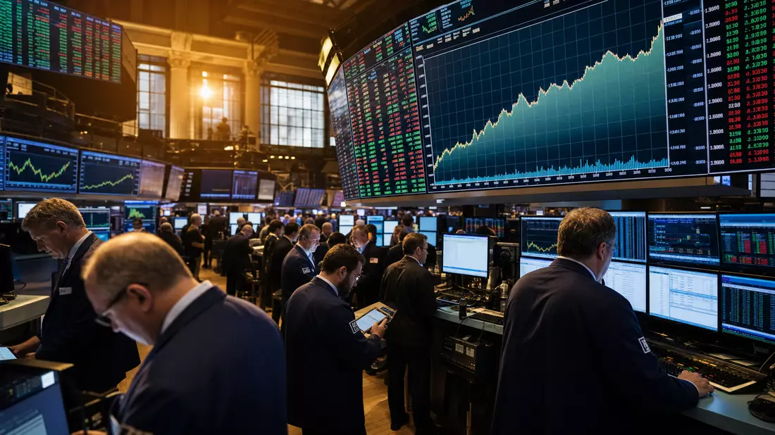 NYSE-Börsenparkett mit Händlern und Finanzsektor-Kursdiagrammen auf Bildschirmen