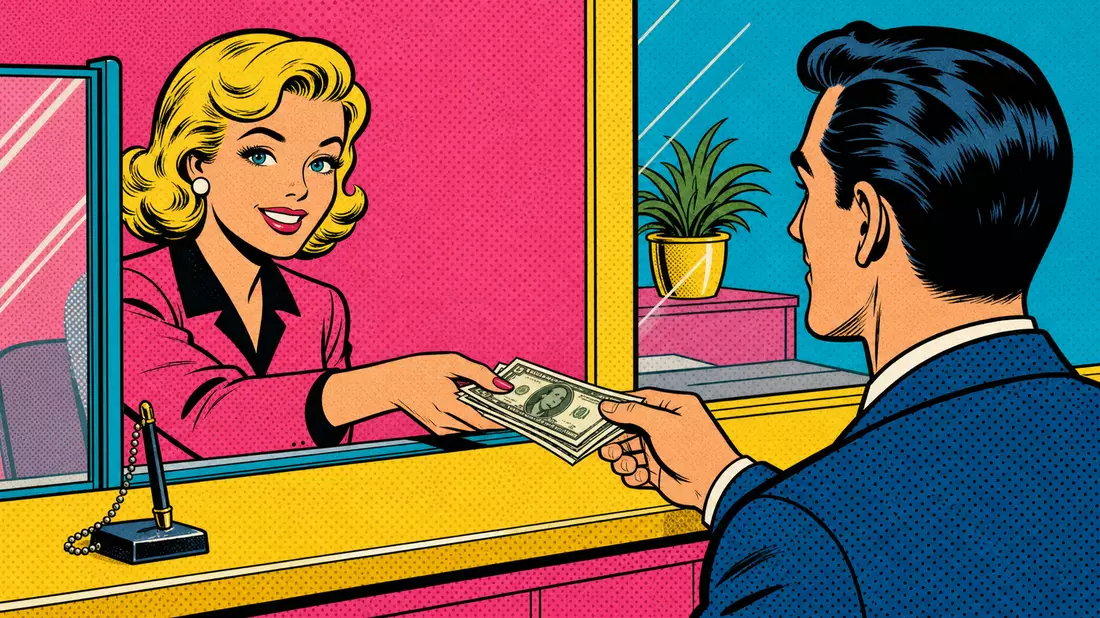 Retro-Pop-Art-Comicbild einer freundlichen Bankschalterszene mit Kunde