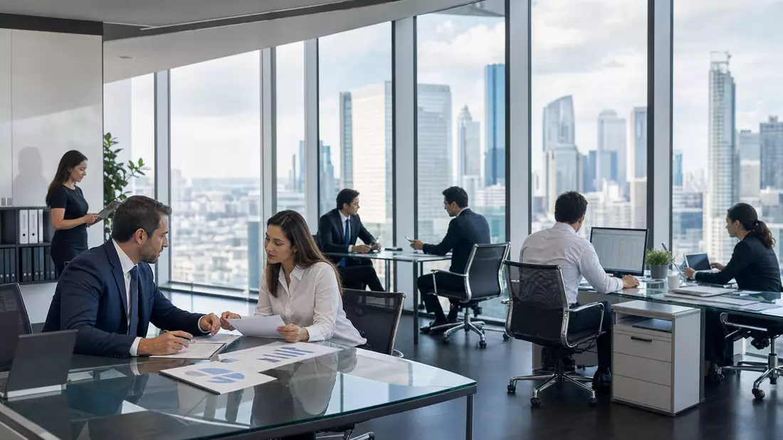 Fotorealistisches Büro mit Beratern bei Risikoanalyse und Skyline im Hintergrund
