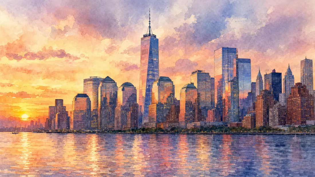 Aquarellbild der New Yorker Skyline mit warmem Abendlicht über dem Wasser