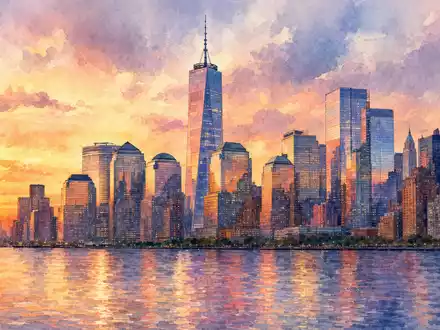 Marsh & McLennan (ISIN US5717481023) dargestellt als Aquarellmalerei der New Yorker Finanzdistrikt-Skyline bei Sonnenuntergang - Foto: THN