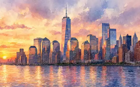 Marsh & McLennan (ISIN US5717481023) dargestellt als Aquarellmalerei der New Yorker Finanzdistrikt-Skyline bei Sonnenuntergang - Foto: THN