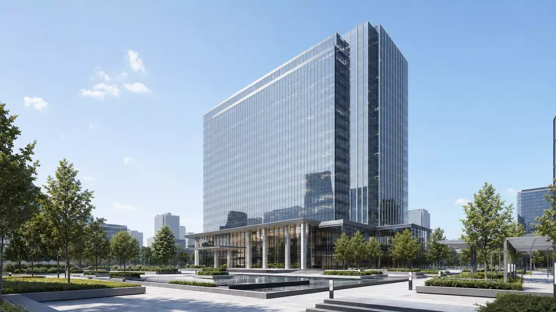 Architekturvisualisierung eines modernen Glashochhauses mit begrünter Plaza davor