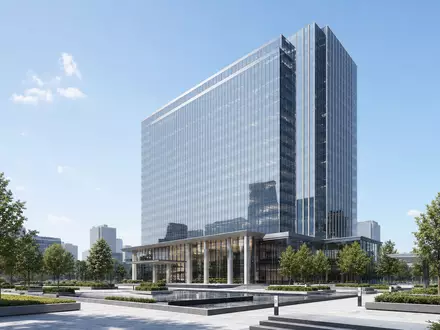 Marsh & McLennan (ISIN US5717481023) illustriert durch modernen Architektur-Render eines gläsernen Bürohochhauses mit Vorplatz - Foto: THN