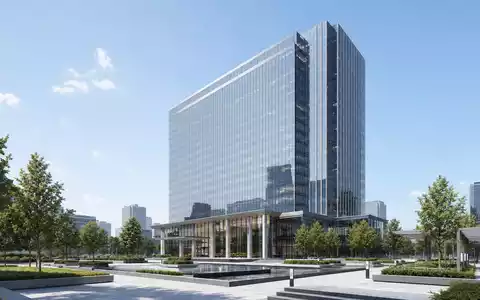 Marsh & McLennan (ISIN US5717481023) illustriert durch modernen Architektur-Render eines gläsernen Bürohochhauses mit Vorplatz - Foto: THN