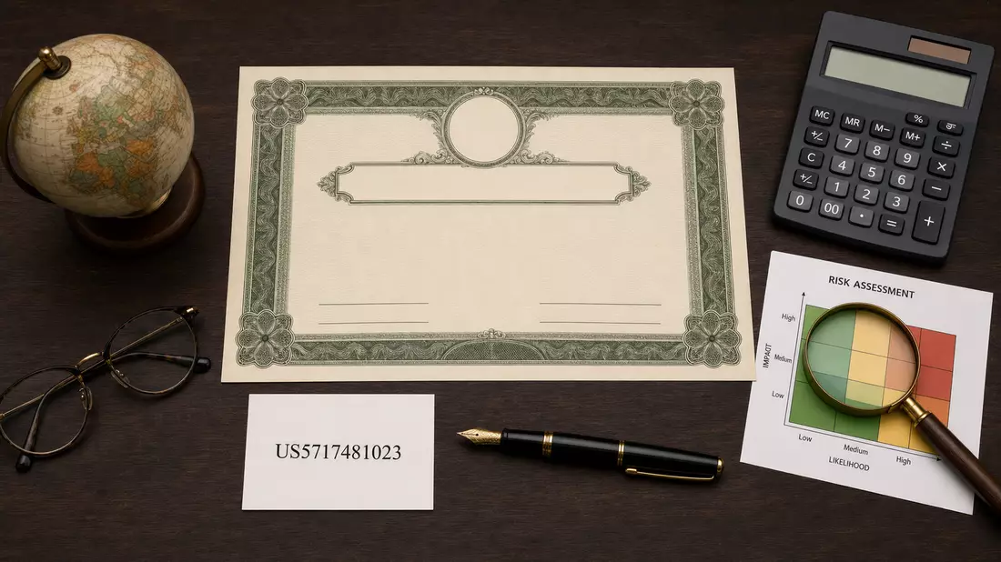 Flatlay-Anordnung mit Zertifikat, ISIN-Karte, Lupe und Risikodiagramm auf Holztisch