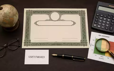 Marsh & McLennan (ISIN US5717481023) präsentiert als Flatlay mit Aktienzertifikat, ISIN-Karte und Risikobewertungs-Utensilien - Foto: THN