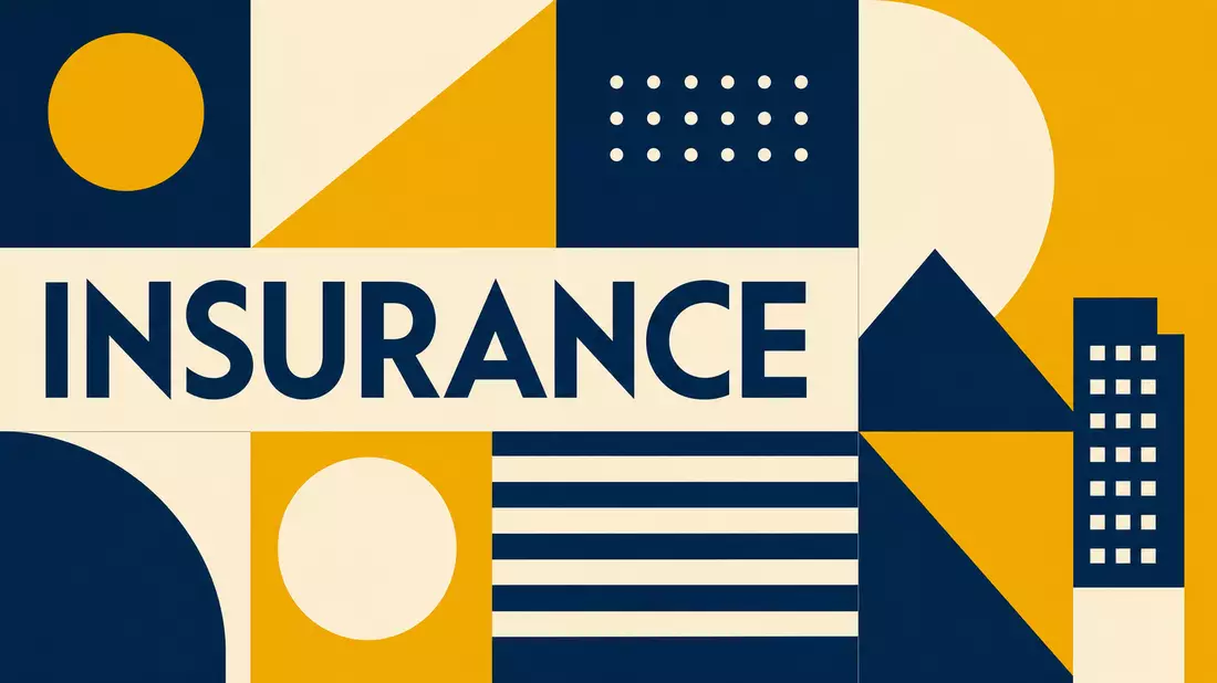 Bauhaus-Poster mit geometrischen Formen und dem Wort INSURANCE in kräftigen Farben