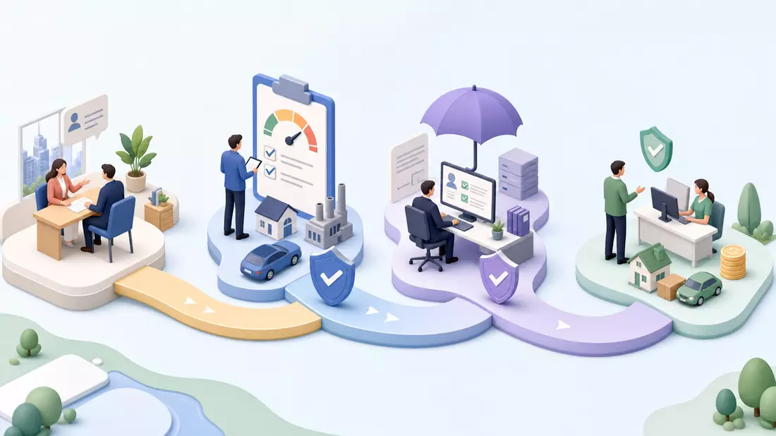 Isometrische 3D-Illustration einer Versicherungs-Wertschöpfungskette mit stilisierten Figuren
