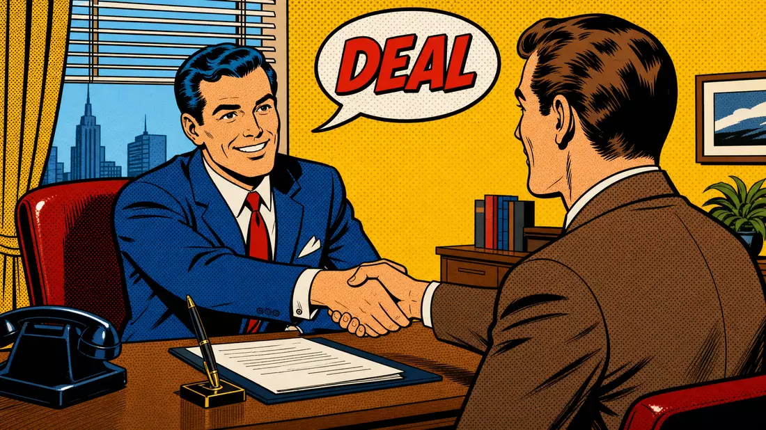 Pop-Art-Comic zeigt Handschlag zwischen Berater und Kunde mit Sprechblase DEAL