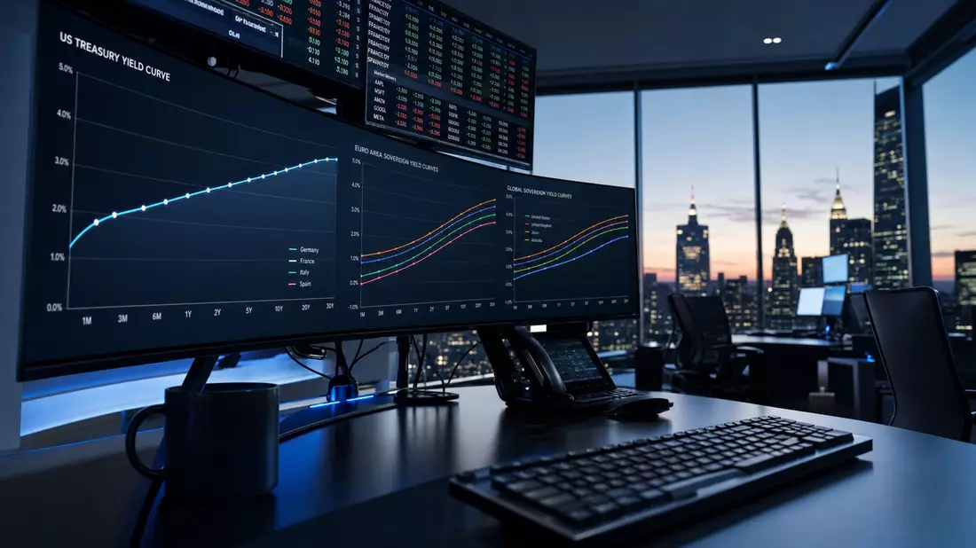 Modernes Trading-Büro mit mehreren Monitoren und Renditekurven vor nächtlicher Skyline