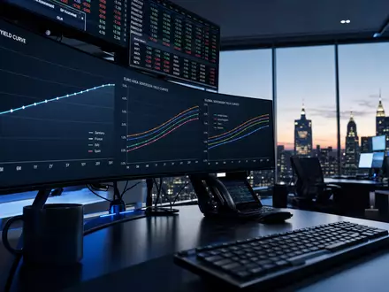 MarketAxess (ISIN US57060D1081) Trading-Büro mit Bildschirmen für Anleihenrenditen und Marktdaten bei Nacht - Foto: THN
