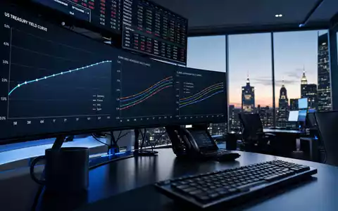 MarketAxess (ISIN US57060D1081) Trading-Büro mit Bildschirmen für Anleihenrenditen und Marktdaten bei Nacht - Foto: THN