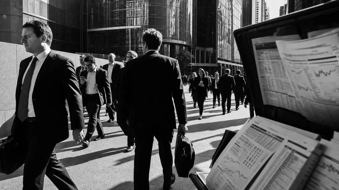 Dokumentarisches Schwarzweißfoto von Finanzangestellten im Bankenviertel mit Kurszetteln