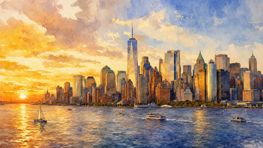Aquarellbild der New Yorker Skyline am Wasser bei goldenem Abendlicht