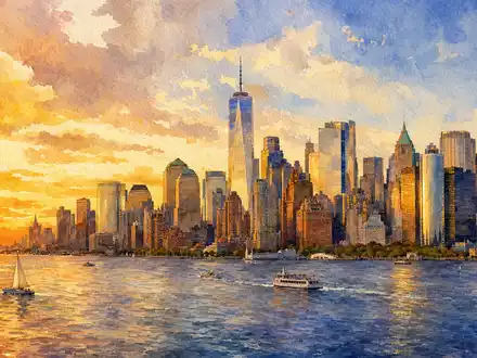 Aquarellmalerei der Finanzmetropole New York als Sinnbild für MarketAxess (ISIN US57060D1081) im Sonnenuntergang - Foto: THN