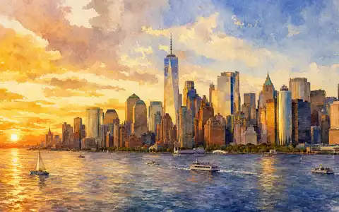 Aquarellmalerei der Finanzmetropole New York als Sinnbild für MarketAxess (ISIN US57060D1081) im Sonnenuntergang - Foto: THN