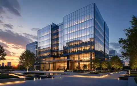 Architektur-Render eines modernen gläsernen Bürohochhauses als Firmensitz-Symbol passend zu MarketAxess (ISIN US57060D1081) bei Abenddämmerung - Foto: THN