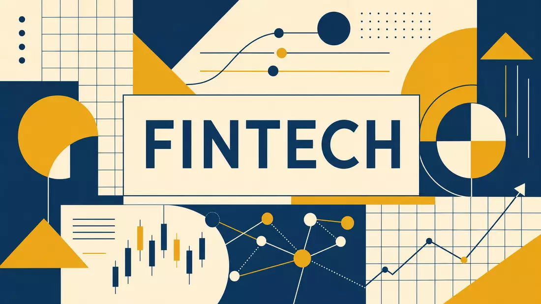 Geometrisches Bauhaus-Poster in Blau und Gelb mit dem Wort FINTECH
