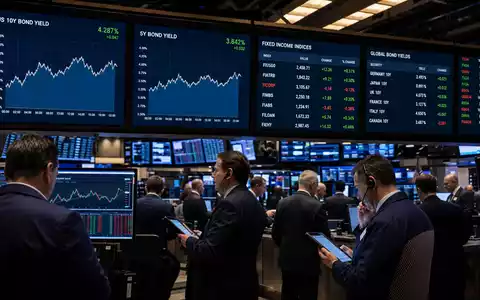 Börsen-Editorial-Aufnahme eines belebten Handelsraums mit Anleiherenditen-Charts, thematisch passend zu MarketAxess (ISIN US57060D1081) - Foto: THN
