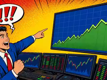 Pop-Art-Comicszene eines jubelnden Traders vor steigendem Kurs-Chart, farbenfroh gestaltet fĂĽr MarketAxess (ISIN US57060D1081) - Foto: THN