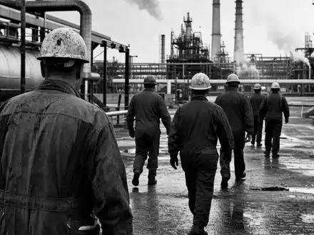 Marathon Petroleum US56585A1025 in dokumentarischer Schwarzweiß-Reportage mit Arbeitern in einer großen Raffinerie-Anlage - Foto: THN