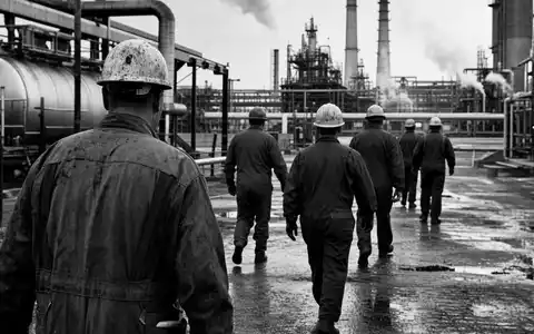 Marathon Petroleum US56585A1025 in dokumentarischer Schwarzweiß-Reportage mit Arbeitern in einer großen Raffinerie-Anlage - Foto: THN