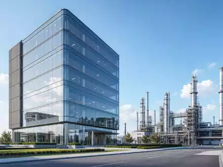 Marathon Petroleum US56585A1025 als moderner Architektur-Render von Bürogebäude und großer Raffinerieanlage bei Tageslicht - Foto: THN