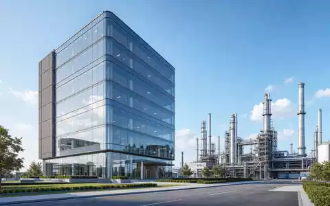 Marathon Petroleum US56585A1025 als moderner Architektur-Render von Bürogebäude und großer Raffinerieanlage bei Tageslicht - Foto: THN