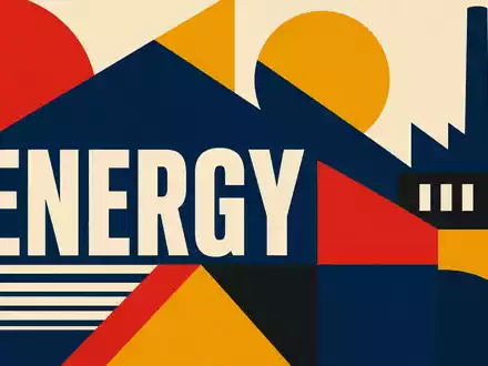 Marathon Petroleum US56585A1025 als geometrisches Bauhaus-Poster mit buntem Sektor-Schriftzug ENERGY und Fabriksilhouette - Foto: THN
