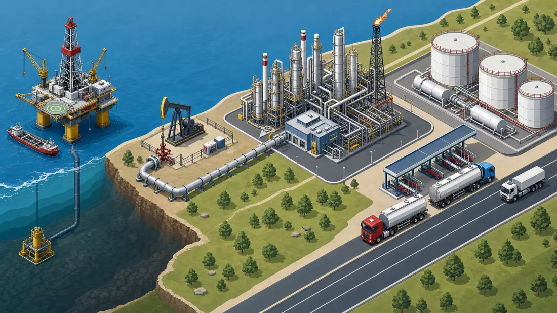 Isometrische Illustration von Bohrplattform, Raffinerie, Tanks und Tanklastwagen