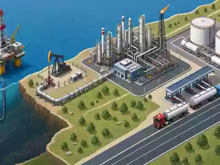Marathon Petroleum US56585A1025 als isometrisches 3D-Diagramm der gesamten Öl- und Gas-Wertschöpfungskette von Bohrturm bis Tanklaster - Foto: THN