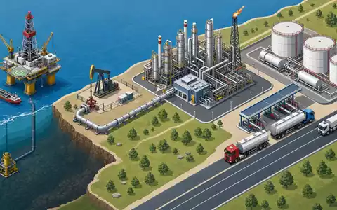 Marathon Petroleum US56585A1025 als isometrisches 3D-Diagramm der gesamten Öl- und Gas-Wertschöpfungskette von Bohrturm bis Tanklaster - Foto: THN