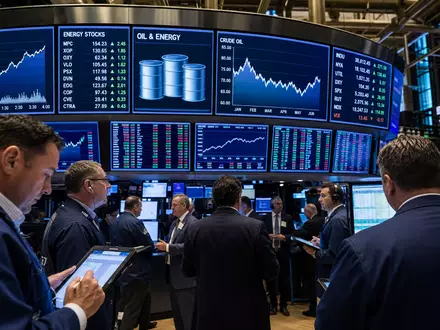 Marathon Petroleum US56585A1025 auf dem NYSE-Handelsparkett mit Energie-Sektor-Kursanzeigen, Charts und aktuellen Ölpreisdaten im Hintergrund - Foto: THN