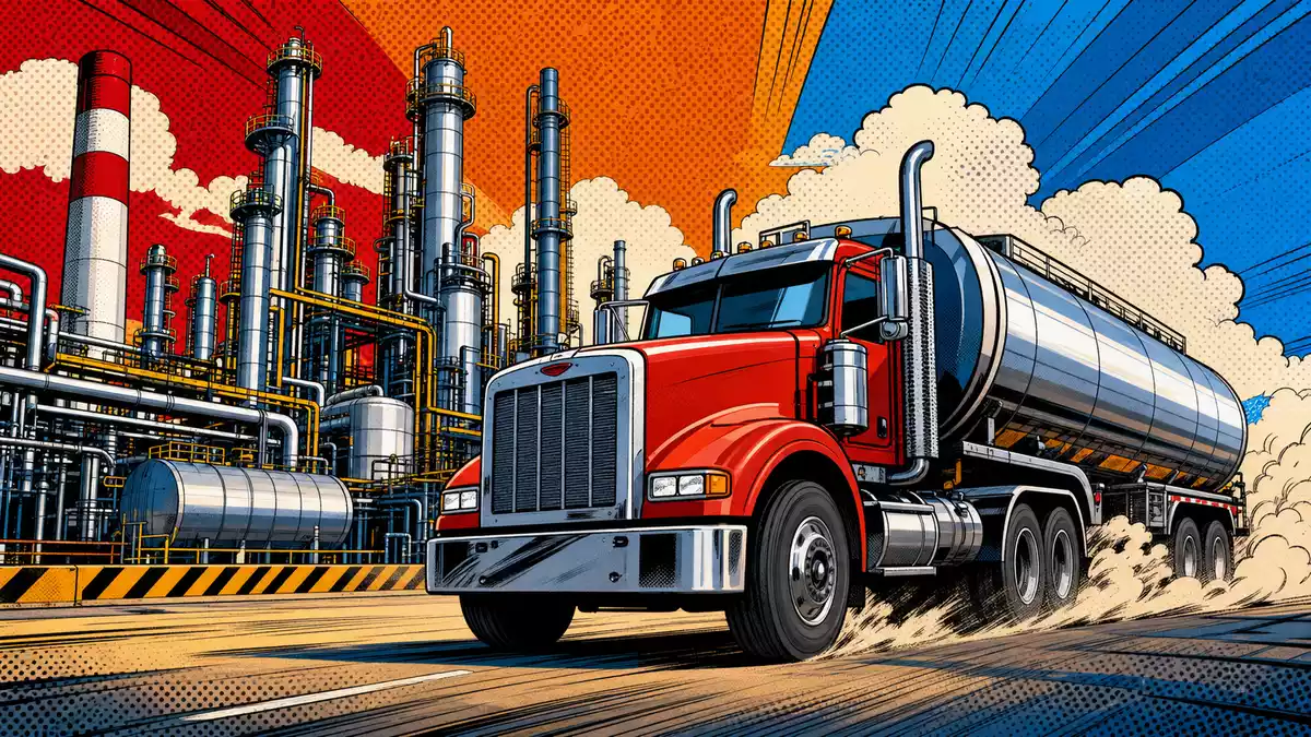 Pop-Art-Comic mit rotem Tanklastwagen vor bunter Raffinerie-Kulisse