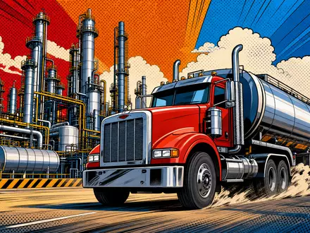 Marathon Petroleum US56585A1025 als farbenfrohe Pop-Art-Comic-Szene mit rotem Tanklastwagen vor lebendiger Raffinerie-Kulisse - Foto: THN