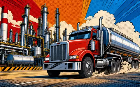Marathon Petroleum US56585A1025 als farbenfrohe Pop-Art-Comic-Szene mit rotem Tanklastwagen vor lebendiger Raffinerie-Kulisse - Foto: THN