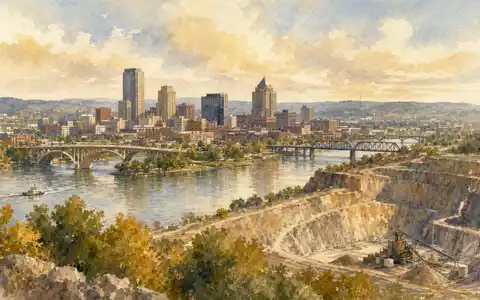 Martin Marietta Materials (US5732841060) inspiriert dieses Aquarell einer ruhigen Stadt nahe einem Steinbruchgebiet am Fluss - Foto: THN