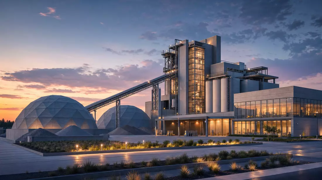 Architektonisches Render einer modernen Industrieanlage bei Dämmerung
